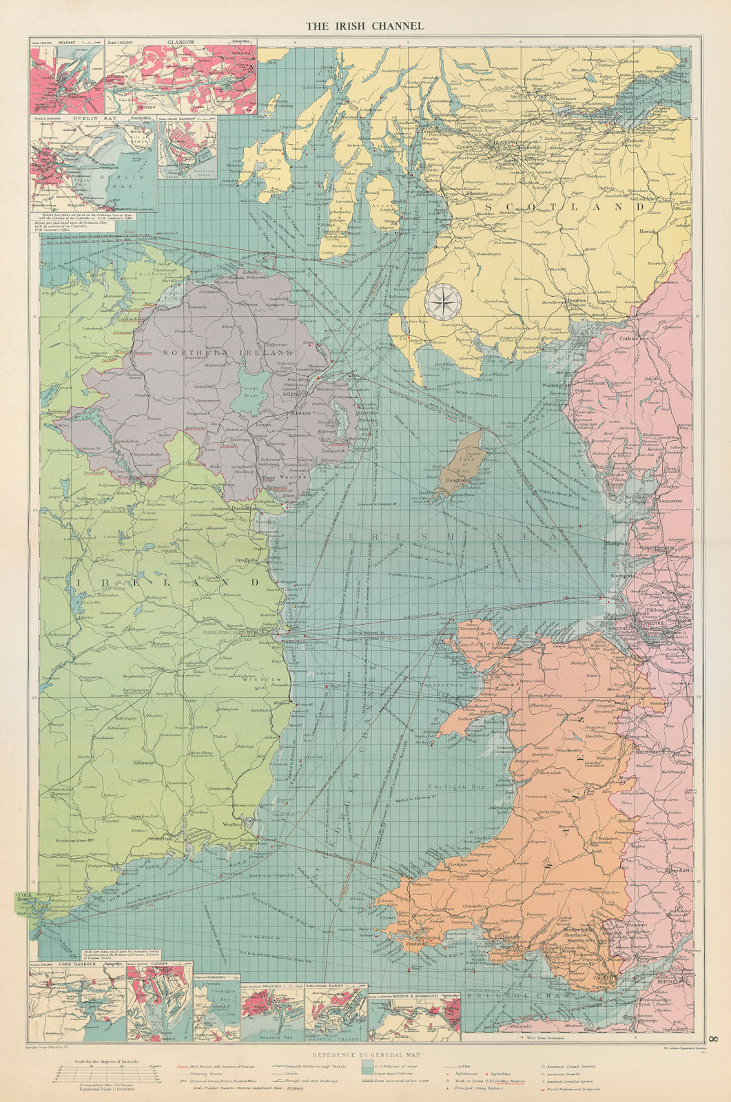 Irish Sea sea chart. Ports lighthouses mail routes dockyards. LARGE 1959 map